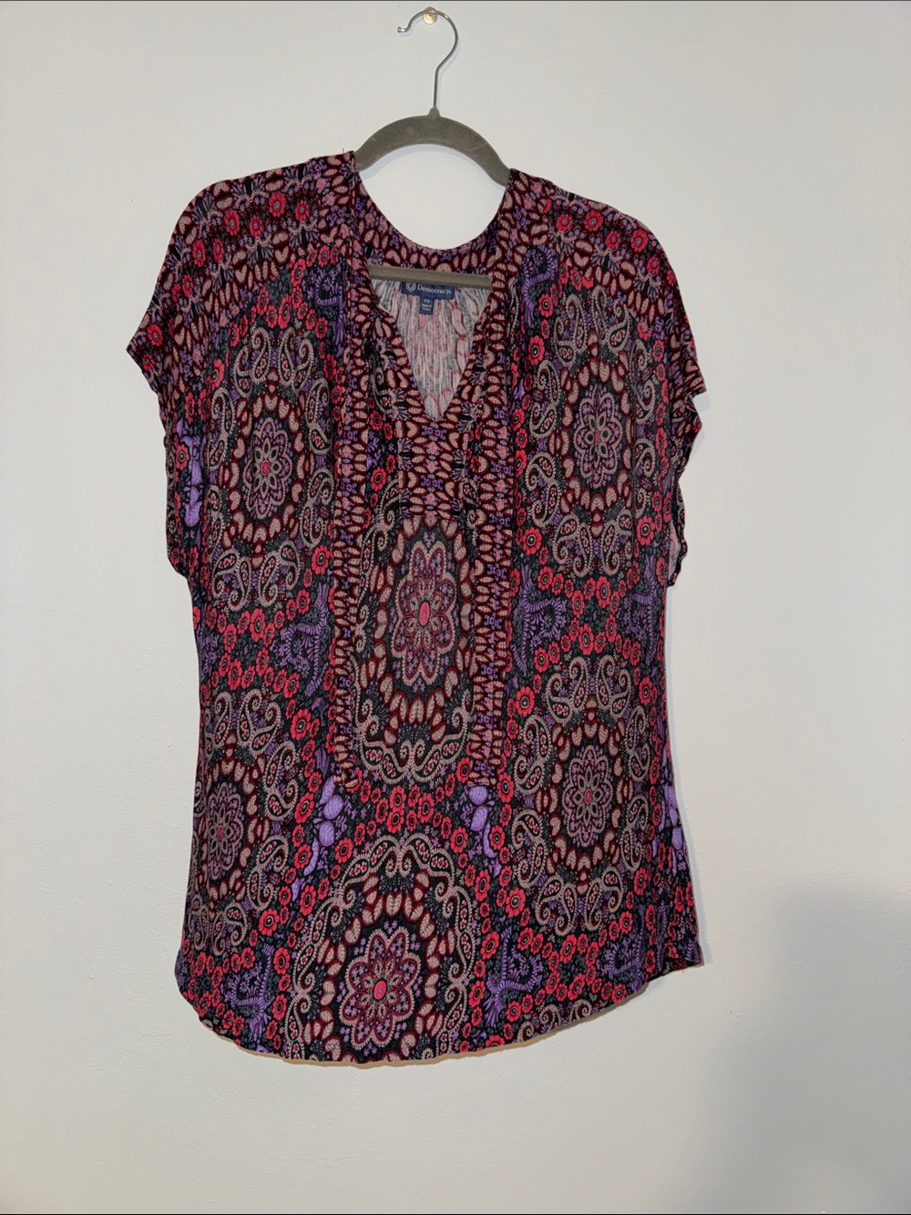 Democracy Purple & Pink Paisley Front Tie Blouse, Size 2X